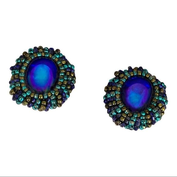 Hand beaded royal blue glass cabs turquoise gold glass bezel pierced earrings - Picture 9 of 13
